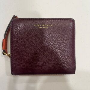 Tory Burch Pebbled Leather Zip Wallet - Deep Burgundy with Gold Logo